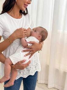 SHEIN 纯色圆领短袖休闲孕妇哺乳上衣 - 白色 - 查看 5