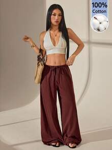 SHEIN PETITE 春夏女款浪漫/舞會/正式/生日/90年代風格/商務休閒/優雅/西式穿著/外出/時尚/休閒/Y2K風格/夜店/辦公室/雞尾酒會/復古/緊身/電音派對/節慶/趣味/高雅/老錢風/街頭風/度假穿著/鄉村音樂會穿著/工作服/保守/春假/單身派對穿著/音樂會/酷女孩/基礎款/畢業/低腰/寬鬆/直筒/寬腿/100%純棉褲子，小個女款 - 咖啡棕 - 查看 5