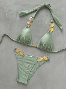 SHEIN Swim 純色掛脖綁帶、腰側金屬飾邊裝飾、優雅度假風女款泳衣套裝 - 薄荷綠 - 查看 7