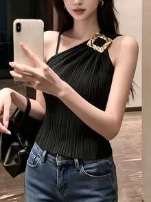 Franclia 女款時尚不對稱領口無袖上衣，飾有金屬裝飾 - 黑色 - 查看 3