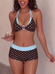 Swim Mod 女款夏季海灘波點印花掛脖綁帶性感時尚比基尼兩件式泳衣套裝 - 棕色 - 查看 3