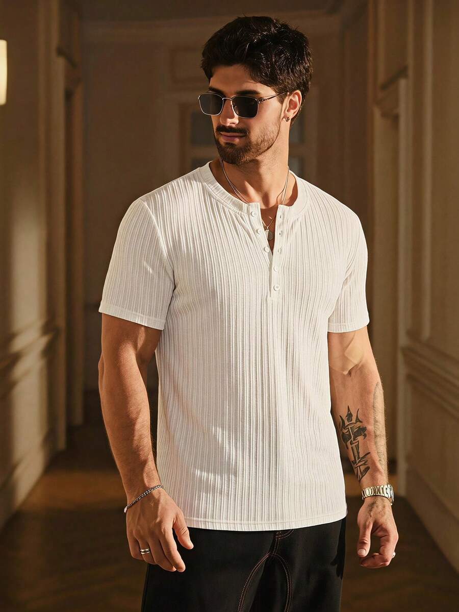 SIGLOCORE Camiseta casual de manga corta con media pechera de botones de unicolor para hombres - Blanco - Ver 1