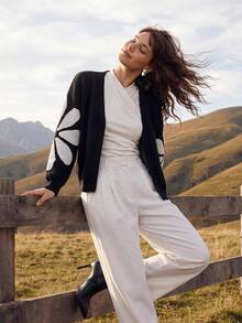 CAJUNI Autumn/Winter Casual Floral Pattern Cardigan - Black and White - View 3