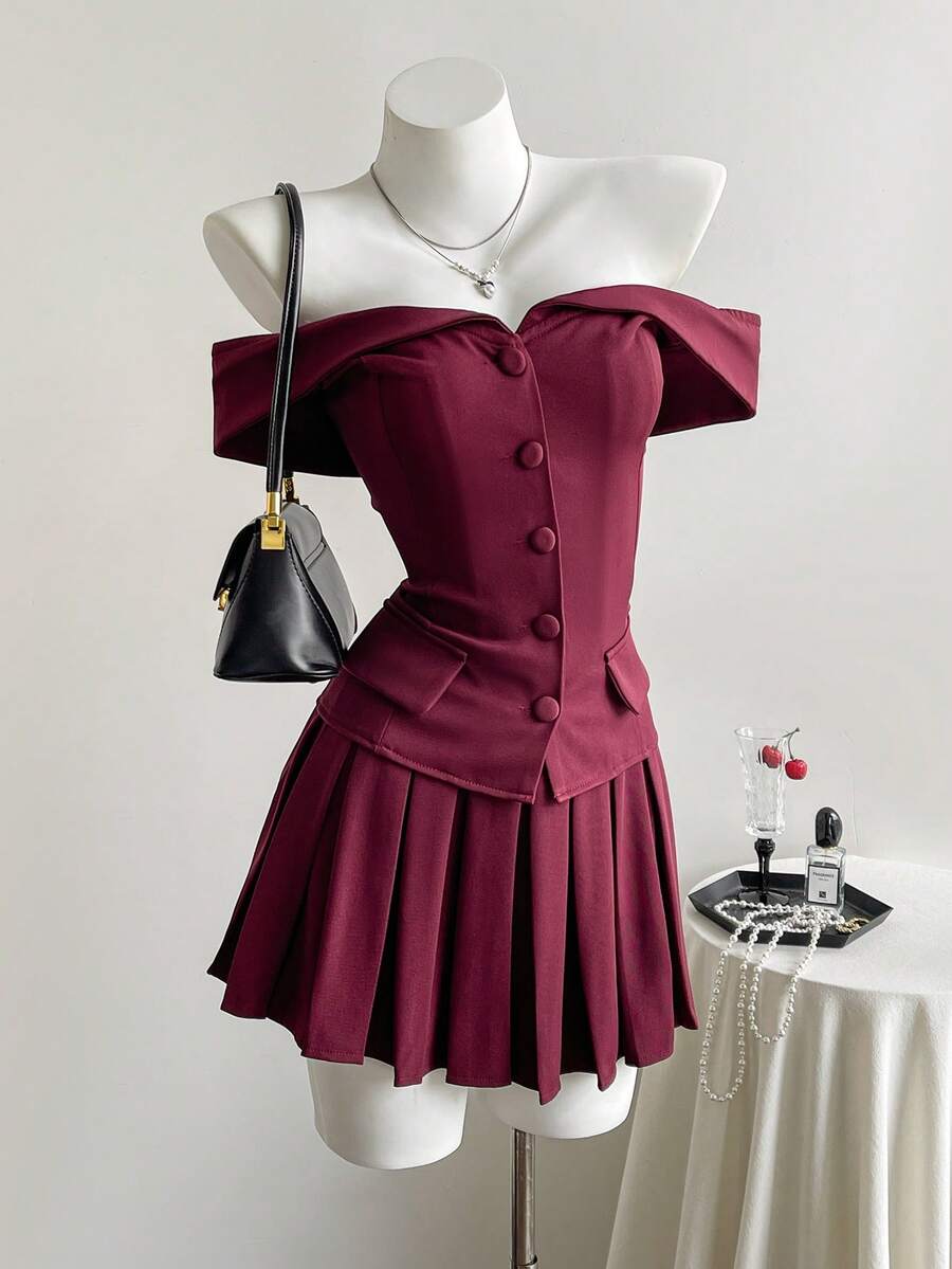 Elamini Conjunto de traje de blazer con top de hombros descubiertos y minifalda plisada para mujer, estilo commuter de verano - Burdeos - Ver 1