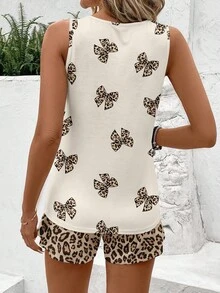 SHEIN LUNE 女款休閒圓領背心與短褲兩件套，適合夏季女裝穿搭，豹紋蝴蝶結設計 - 彩色 - 查看 2