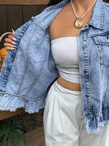 SHEIN Holidaya Plus Size Summer Casual Washed Front Button Frayed Denim Jacket - Blue - View 5