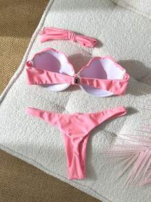 Swim Mod Conjunto sexy de 2 piezas con copa rígida de patchwork de pétalos, cuello halter y tirantes desmontables, color liso - Rosa - View 2