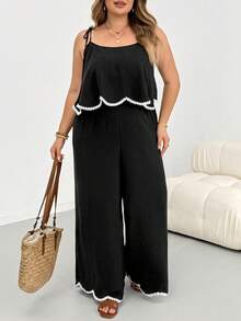 SHEIN CURVE+ 大尺碼女款休閒傳統波西米亞風度假純色紋理寬鬆連身褲 商務正式 黑白配色 夏季早午餐 - 黑色 - 查看 3