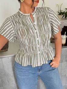 Firerie 大尺碼女款條紋短袖單排扣優雅傳統商務休閒襯衫，適合夏季度假、正式場合、辦公室、生日，白色 - 彩色 - 查看 4