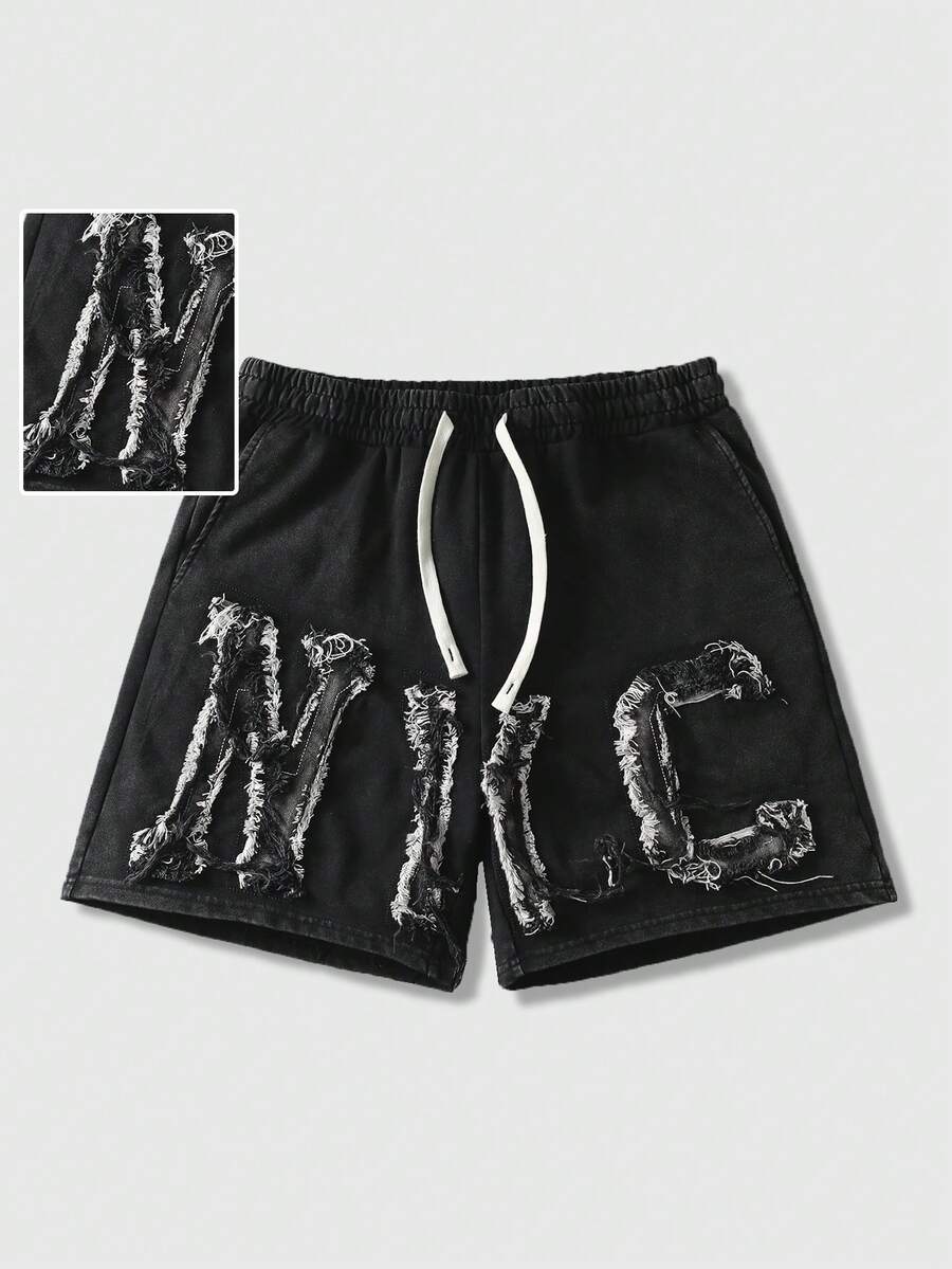 ROMWE MEN Street Life Men's Drawstring Waist Letter Patchwork Casual Versatile Daily Travel Shorts - Black - View 1