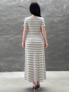 Feyla 女款蝴蝶結裝飾條紋優雅收腰派對中長洋裝 - 彩色 - 查看 2