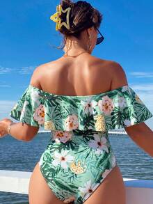 Swim Lushoire Spring/Summer Tropical Floral Print Ruffle Off-Shoulder Side Ruched One-Piece Swimsuit For Women, Festival Boho - Multicolor - View 2