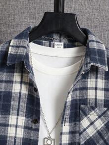 SHEIN 青少年男孩格紋長袖單排扣休閒口袋襯衫 - 藍色 - 查看 4