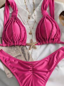 SHEIN Swim 女款兩件式比基尼泳衣套裝，適合海灘與海邊約會，時尚性感優雅浪漫復古風，粗肩帶編繩抓皺設計，咖啡棕大地色系，女款海灘兩件式泳裝 - 玫紅色 - 查看 4