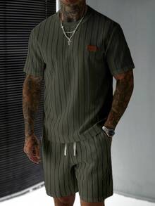 SLATEMANN 男士夏季休閒T恤短褲套裝 - 軍綠色 - 查看 3