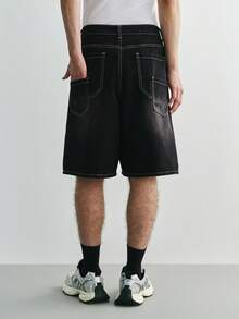 Sonviro Unisex American Hip Hop Style Wide Leg Denim Shorts With Pockets - Black - View 4