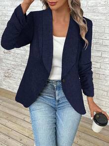 EMERY ROSE Blazer casual de oficina con cuello drapeado, manga larga y fruncido, unicolor, para otoño - Azul Marino - Ver 4