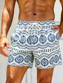 Manfinity Swimmode 男士幾何印花抽繩腰休閒沙灘短褲，夏季波希米亞度假夏威夷熱帶泳褲，情侶約會穿搭 - 寶藍色 - 查看 5