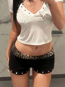 EgrlEra Sexy Leopard Print Waist Studded Shorts Low Waist Slim Fit Hot Pants - Multicolor - View 6