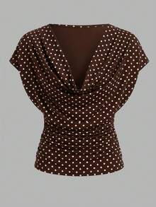 Gownix Brown And White Polka Dot Print Cowl Neck Ruched Short Sleeve Top Office Summer Elegant - Mocha Brown - View 2