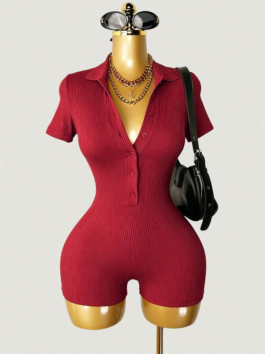 Mistrie Women's Solid Color Casual Daily Short Sleeve Romper - Hot Pink - View 1