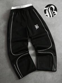 PAVTROS Pantalones de chándal casuales holgados para hombre con bloques de color y costuras de contraste - Negro - Ver 1