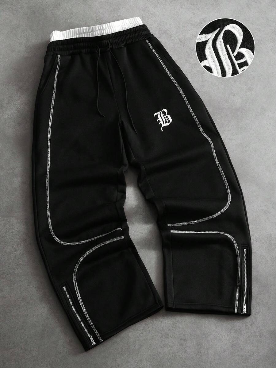 PAVTROS Pantalones de chándal casuales holgados para hombre con bloques de color y costuras de contraste - Negro - Ver 1