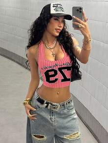 StreetHx English Striped Print Street Style Halter Tank Top - Dusty Pink - View 5