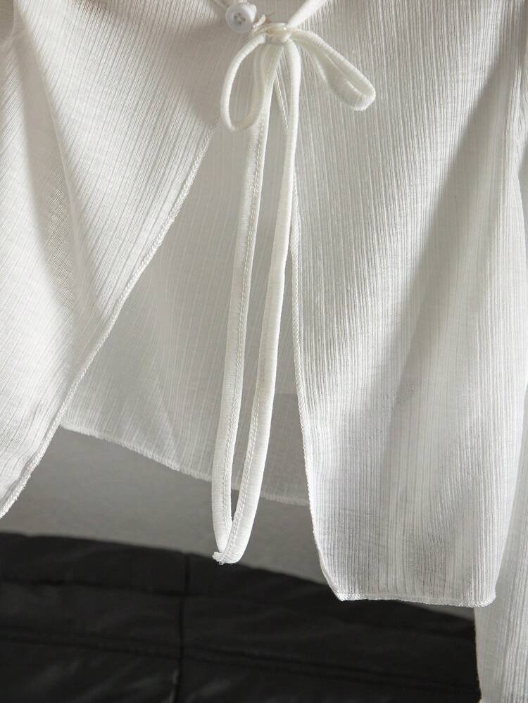 SHEIN Young Girl White Knit Cardigan With Frill Trim - White - View 2
