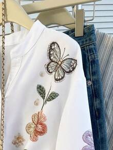 SHEIN LUNE 刺繡立領白色條紋襯衫，女款寬鬆休閒 3/4 袖紋理上衣 - 白色 - 查看 4