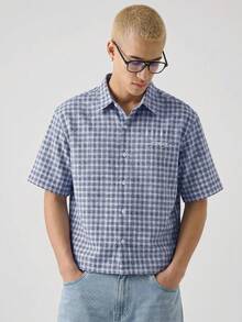 SWAVVY Men's Plaid & Letter Print Single-Breasted Casual Versatile Daily Wear Shirt - Blue - View 2