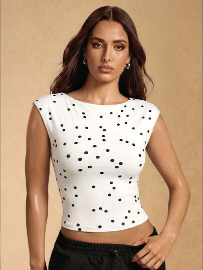 Silquee Polka Dot Print Fitted Cropped Sports Tank Top