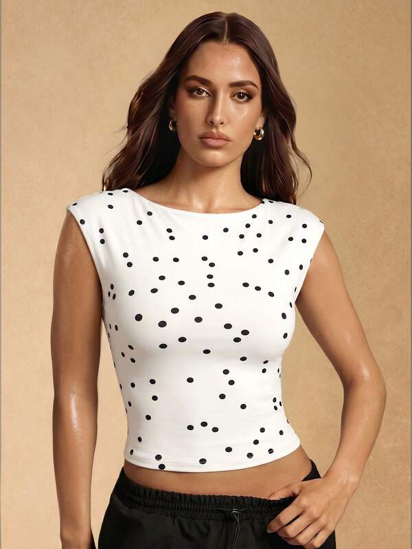 Silquee Polka Dot Print Fitted Cropped Sports Tank Top