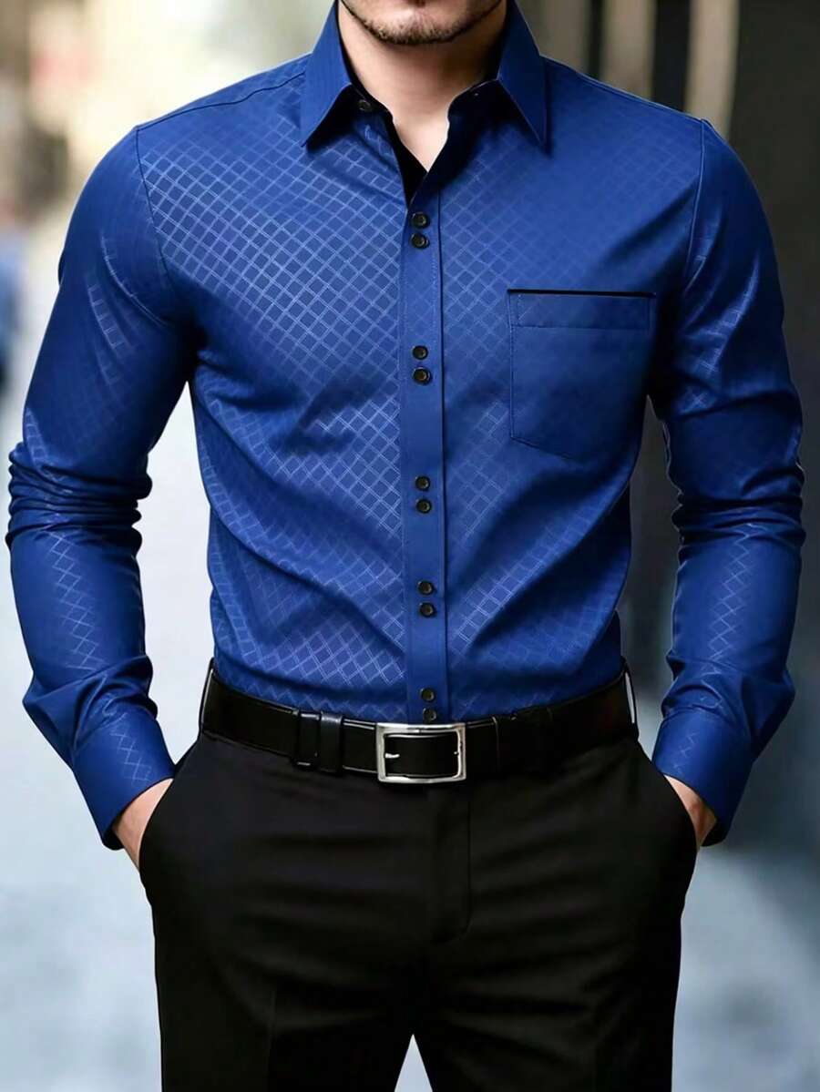 Manfinity Mode 男士單排扣休閒百搭日常穿著長袖襯衫 - 寶藍色 - 查看 1