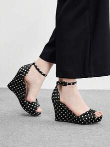 CUCCOO BIZCHIC Women's Shoes Polka Dot Fashion Wedge Heel Open Toe Shoes Wedding Shoes Spring Versatile Shoes - Black polka dot - View 3