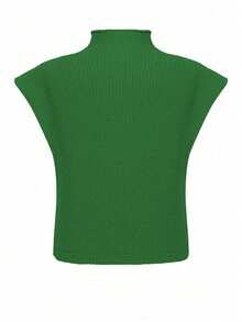 EMERY ROSE Top de punto corto de unicolor con cuello alto y hombros anchos para mujer - Verde - Ver 2