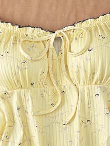 Sweetra CURVE Body de vacaciones talla grande con pedrería en el cuello, acanalado, nudo delantero, hombros descubiertos y manga corta - Amarillo - Ver 3