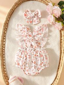 SHEIN 新生兒夏季無袖休閒簡約花卉印花連身褲，適合休閒時光或戶外購物穿著 - 粉色 - 查看 2