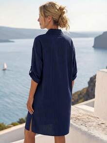 EMERY ROSE Casual Women's Solid Color Rolled Sleeve Single-Breasted Shirt Dress Country Concert Outfit Casual Dress For Women - Navy Blue - View 2