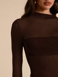 SHEIN BAE Spring/Summer Solid Elegant Sheer Fitted Ruched Women's Mesh Bodysuit, Simple & Elegant - Coffee Brown - View 4