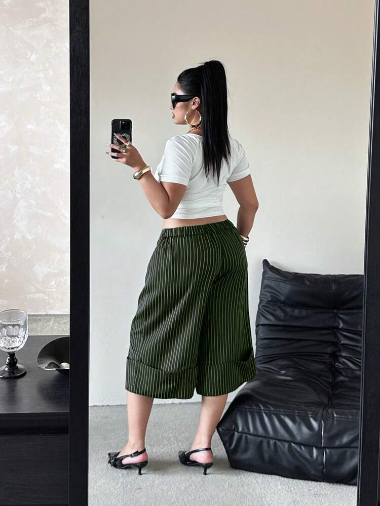 POPSWAY Spring, Summer, New Elegant Fashion Casual Design Rolled Hem Cropped High Waist Wide Leg Pants Women Loose Slimming Casual Pants Versatile Business Casual - Dark Green - View 2