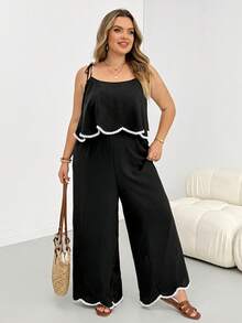 SHEIN CURVE+ 大尺碼女款休閒傳統波西米亞風度假純色紋理寬鬆連身褲 商務正式 黑白配色 夏季早午餐 - 黑色 - 查看 6
