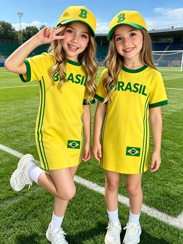 Girls' Fresh Minimalist Brazil Flag Side Double Green Stripe Pattern Basic Short Sleeve T-Shirt Dress, World Cup Atmosphere Outfit, Daily Wear, Sports Classic Colorway, Green