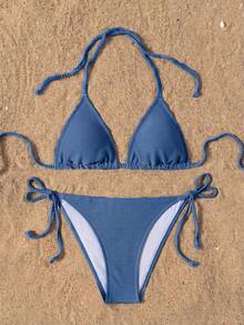 Swim Basics 女款紋理性感掛脖綁帶比基尼兩件式泳衣套裝，適合度假 - 霧霾藍 - 查看 5