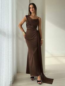 Aloruh Damen Sexy Eng Anliegendes Braunes Asymmetrisches Cowl-Neck Rückenfreies Satin-Partykleid - Kaffeebraun - Übersicht 5