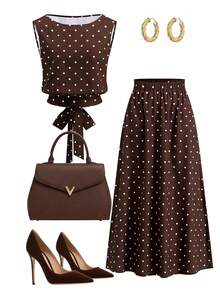Gownix Sleeveless Tie-Waist Top And A-Line Brown And White Polka Dot Print Set, Comfortable And Easy To Wear Garden Party Summer Elegant - Mocha Brown - View 1