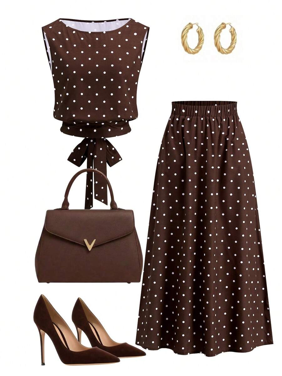 Gownix Sleeveless Tie-Waist Top And A-Line Brown And White Polka Dot Print Set, Comfortable And Easy To Wear Garden Party Summer Elegant - Mocha Brown - View 1