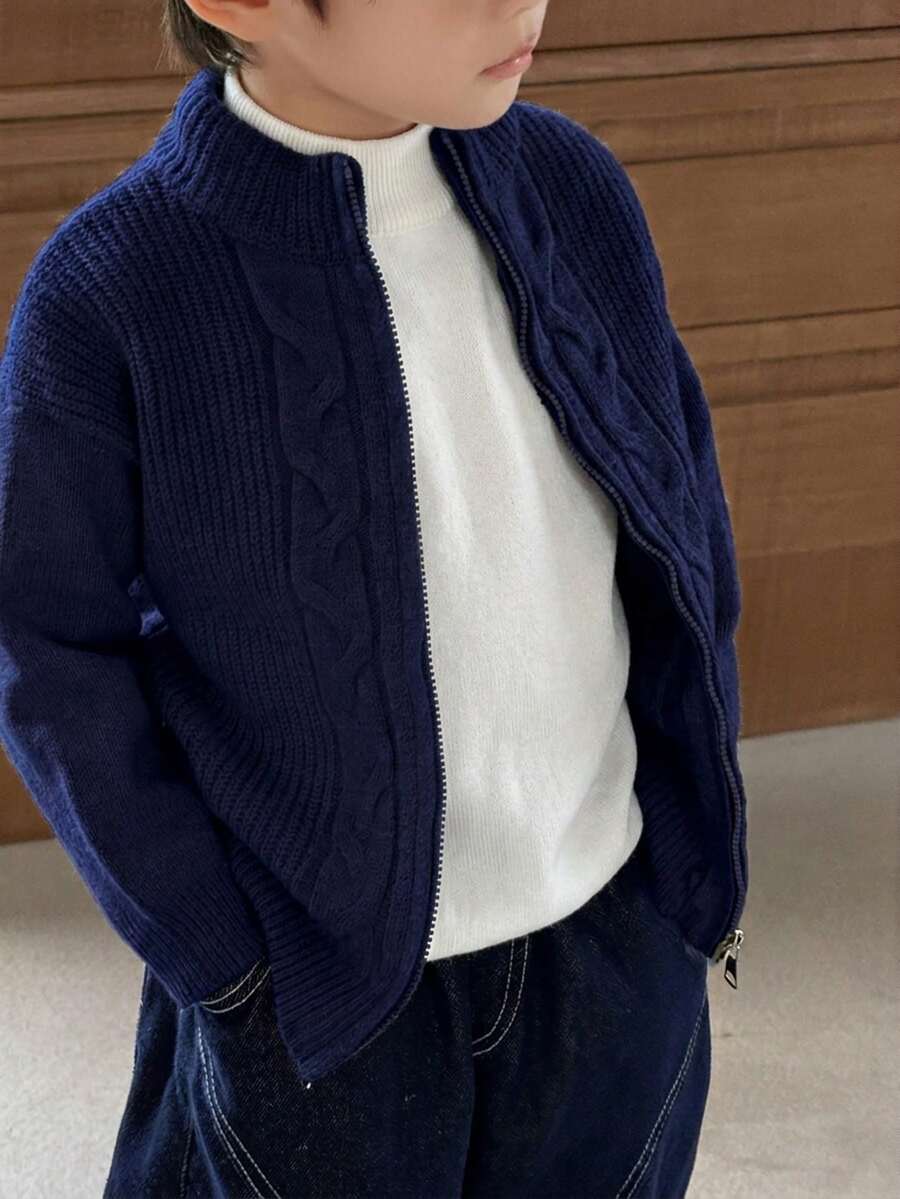 SHEIN 小男孩休閒扭結前襟拉鍊套頭毛衣 - 藏蓝色 - 查看 1