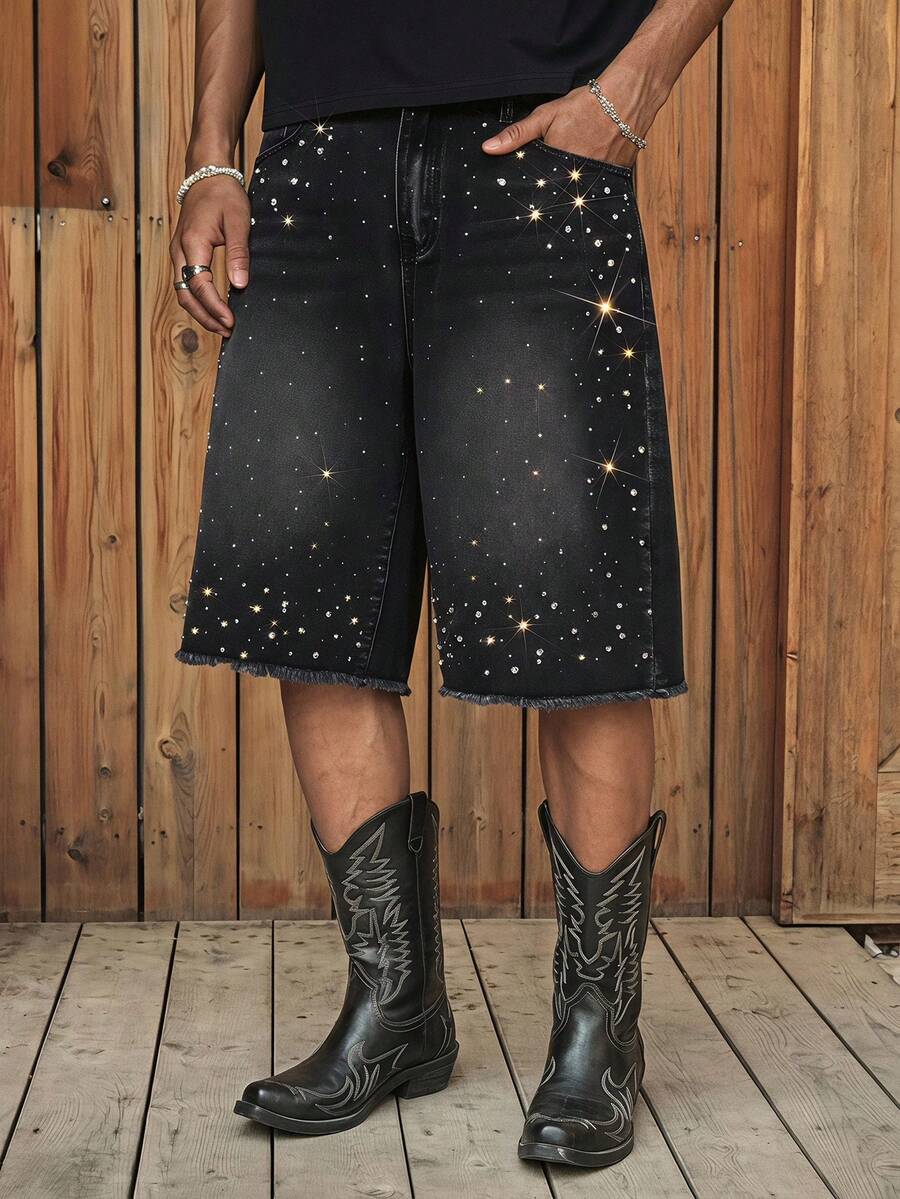 CalleClaro Men's Washed Rhinestone Embellished Casual Shorts - Black - View 1