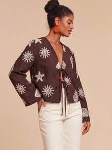 Travachic 女款刺繡梭織休閒寬鬆前綁帶襯衫 - 棕色 - 查看 6